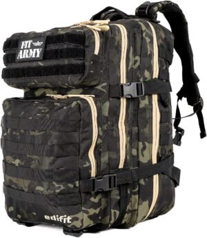 Mochila de CrossFit EDIFIT en color militar, diseño resistente y duradero, con compartimentos amplios y bien organizados para llevar tu ropa, calzado, accesorios y alimentos, así como un compartimento especial para llevar tu computadora portátil. Correas acolchadas para los hombros y cintura para mayor comodidad y estabilidad durante el transporte. Ideal para atletas de CrossFit que buscan una mochila práctica, resistente y con estilo