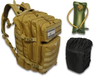 Mochila militar VALSKY de 45L con GRATIS bolsa de hidratación de 3L, funda impermeable y parche de la bandera española. Diseño ergonómico con 5 compartimentos